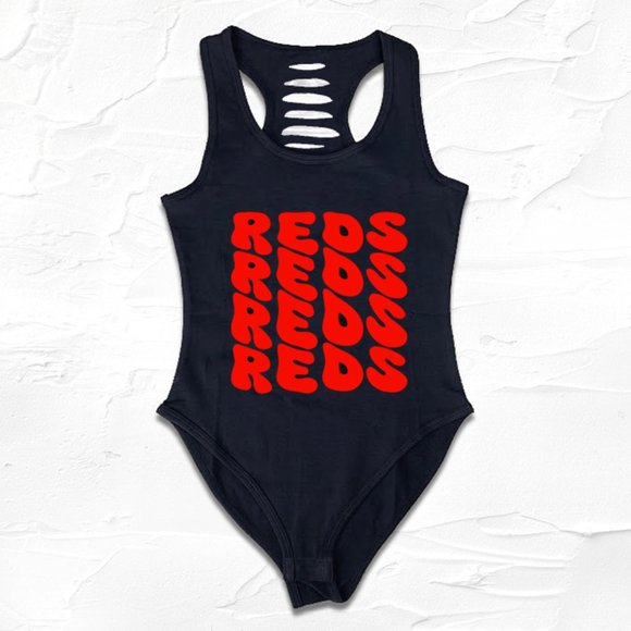 Womens Black/Reds Baseball pattern bodysuit, GO Cincinnati - Picture 1 of 4